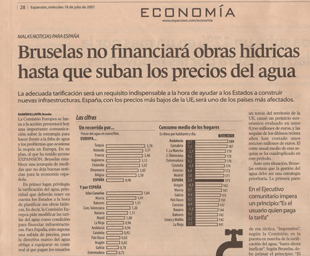 En 2007, Bruselas queria que España subiese el precio del agua un 45% en tres años
